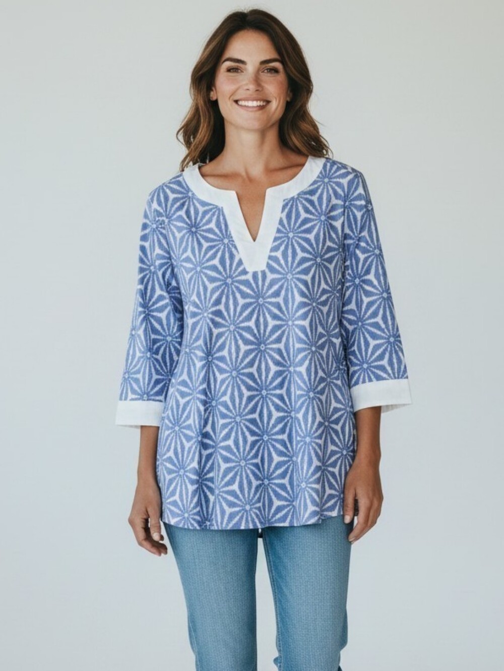 Larsen Gray Cotton Lightweight Women’s Blue Patterned Split-Neck Tunic Top